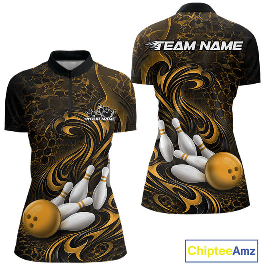 Front and back view of a black and yellow womens bowling quarter-zip shirt featuring a tribal flame bowling ball and pins graphic
