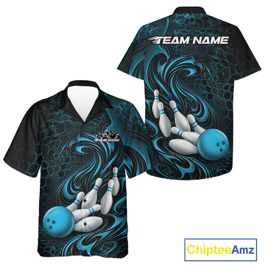 Front and back mockup of a black and blue button-up bowling shirt featuring a tribal flame bowling ball and pins graphic.