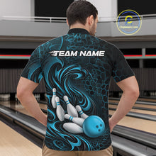 Load image into Gallery viewer, Custom Black And Blue Tribal Flame Men Bowling Team Shirt, Polygonal Bowling Jerseys IPHW11384