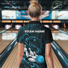 Load image into Gallery viewer, Custom Black And Blue Tribal Flame Women Bowling Team Shirt, Polygonal Bowling Jerseys IPHW11384