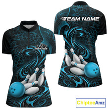 Load image into Gallery viewer, Custom Black And Blue Tribal Flame Women Bowling Team Shirt, Polygonal Bowling Jerseys IPHW11384