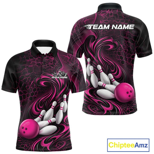 Front and back view of a black and pink mens bowling polo shirt featuring a tribal flame bowling ball and pins graphic