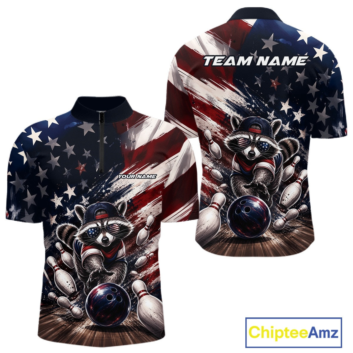 Front and back views of a men's bowling quarter-zip shirt mockup featuring a raccoon in patriotic sunglasses rolling a bowling ball through scattered pins against a distressed American flag backdrop.