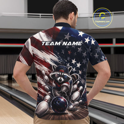 Bowling shirt featuring a raccoon in patriotic sunglasses rolling a bowling ball through scattered pins with a distressed American flag backdrop.