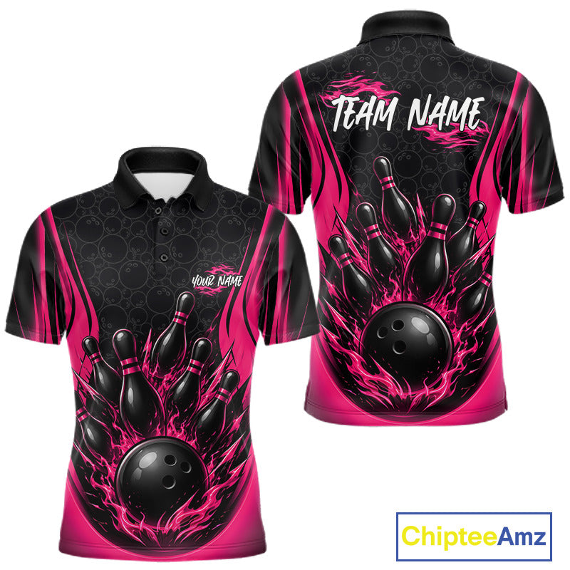 Front and back views of a black and hot pink short-sleeve polo shirt with bowling ball and pin graphics, customizable text placeholders, and a ChipteeAmz logo in the bottom right corner.