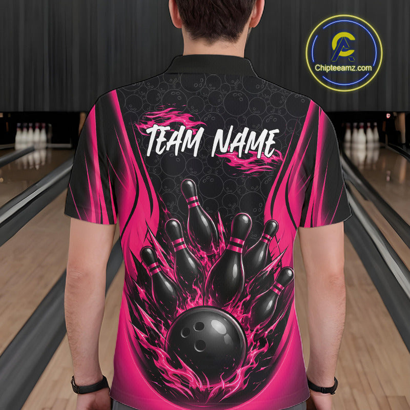 A person viewed from behind wearing a short-sleeve bowling polo shirt with a black and bright pink flame design, bowling pins, a bowling ball, and the text 'TEAM NAME' on the back. 