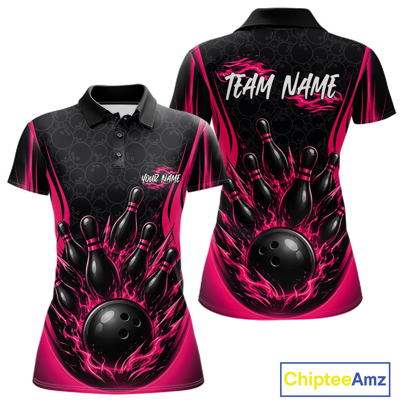 Custom bowling-themed short-sleeve polo shirt shown from the front and back. The design features a black and vibrant pink flame pattern with bowling pins and a bowling ball graphic, and customizable text areas reading 'Team Name' and 'Your Name'.