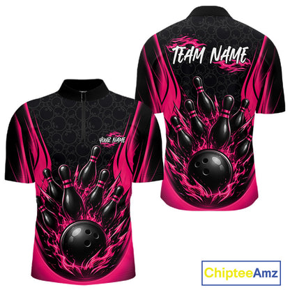 Front and back views of a short-sleeve bowling quarter zip shirt in black and hot pink, featuring a graphic of bowling pins and a bowling ball with flame-like pink accents, customizable text on the chest and back, and a ChipteeAmz logo in the bottom right corner.