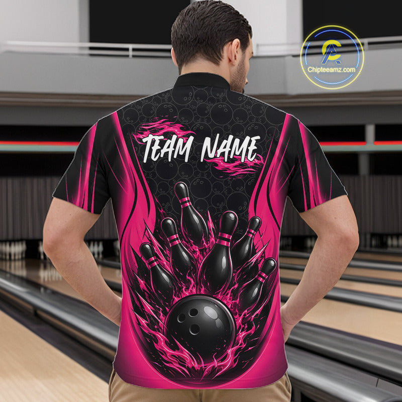 A man viewed from behind wearing a custom bowling quarter zip shirt with a black and vibrant pink flame design featuring bowling pins and a bowling ball graphic, with 'TEAM NAME' printed on the back.