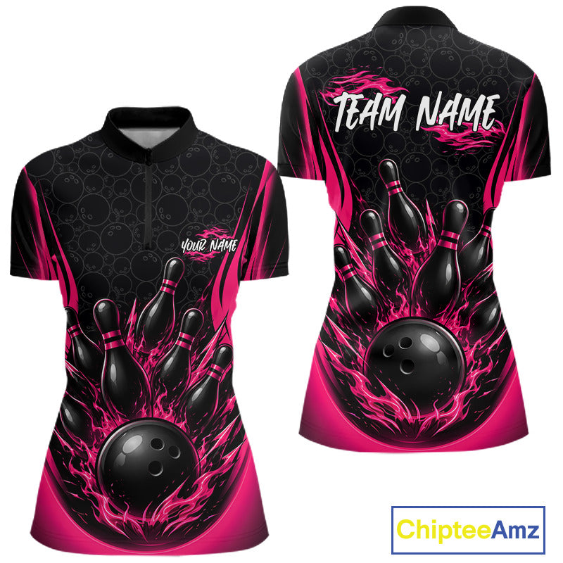 Front and back views of a women's short-sleeve bowling-themed quarter zip shirt on a white background. The shirt is black with bright pink flame-like graphics, a large black bowling ball and pins design on the lower front and back, and customizable text placeholders reading 'TEAM NAME' and 'YOUR NAME'.