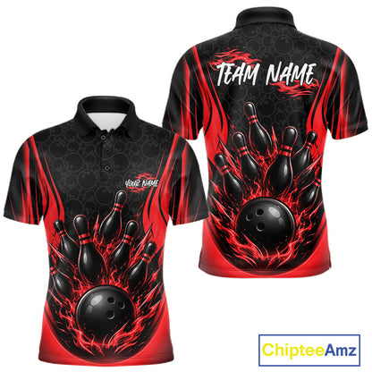 Front and back views of a short-sleeve polo shirt with a bowling theme. The shirt features a black and red flame graphic with bowling pins and balls, customizable text placeholders