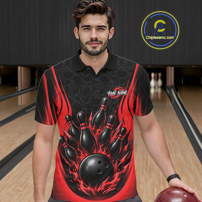 A man wearing a black and red bowling-themed short-sleeve polo shirt with a graphic of bowling pins and a bowling ball, standing in a bowling alley. 