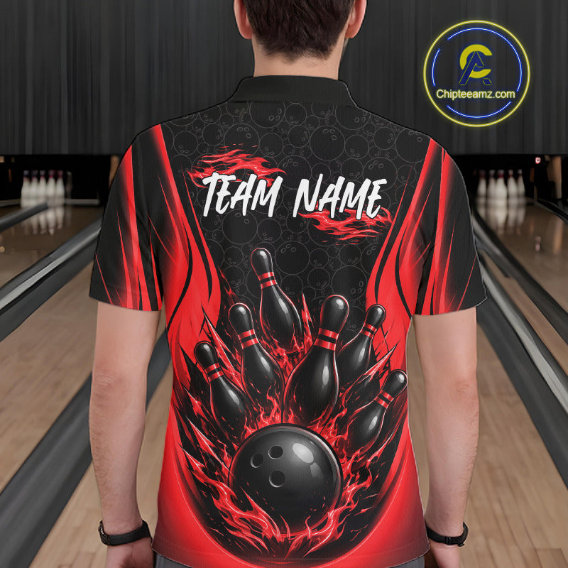 A person viewed from behind wearing a short-sleeve bowling-themed polo shirt with a black and red flame design, bowling pins, and a bowling ball graphic, with the text 'TEAM NAME' printed across the upper back