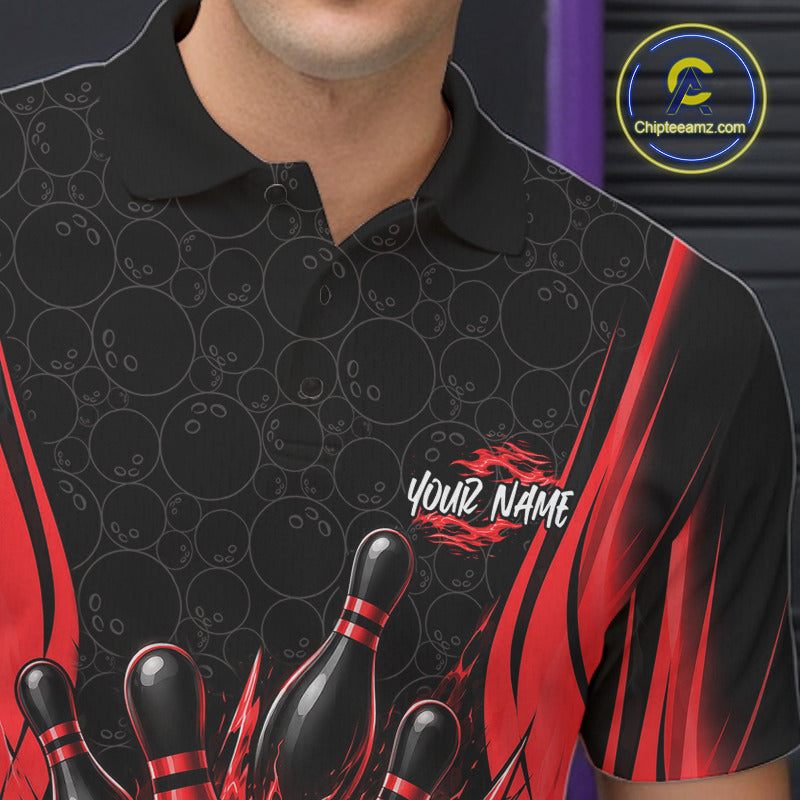 A close-up of a person wearing a black short-sleeve polo shirt with bowling-themed graphics, including bowling pins, bowling balls, red flame-like side panels, and a customizable name print on the chest. 