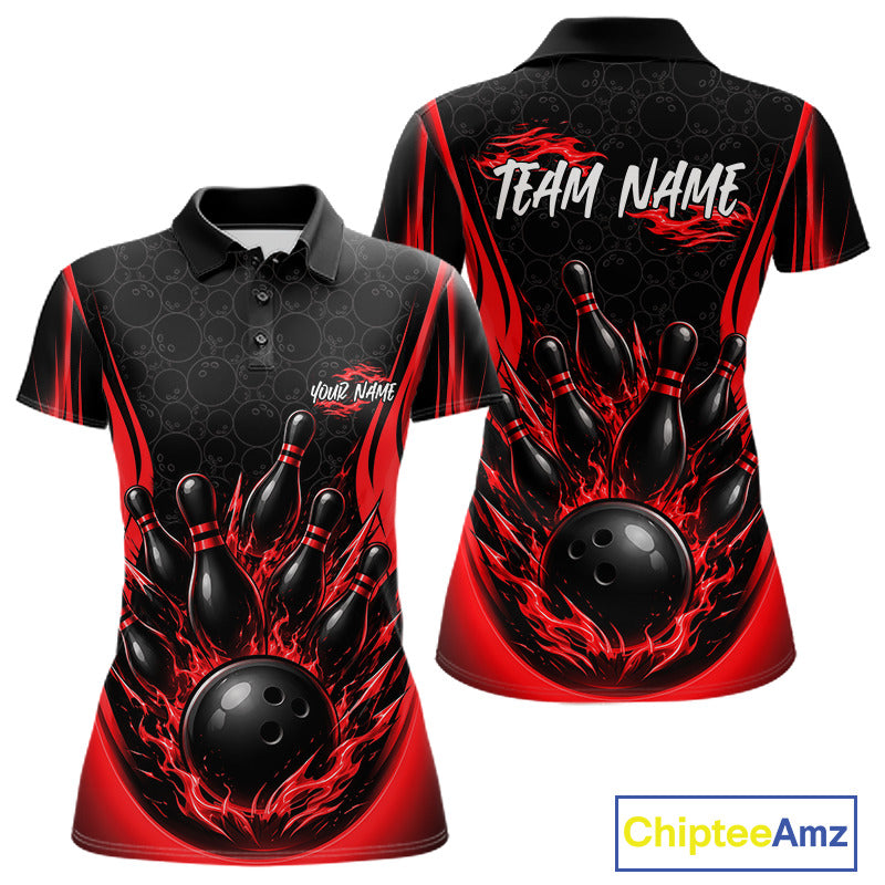 A custom womens bowling short-sleeve polo shirt shown from both the front and back views. The shirt features a black and red flame design with bowling pins and balls, customizable text 'Team Name' on the back and chest,
