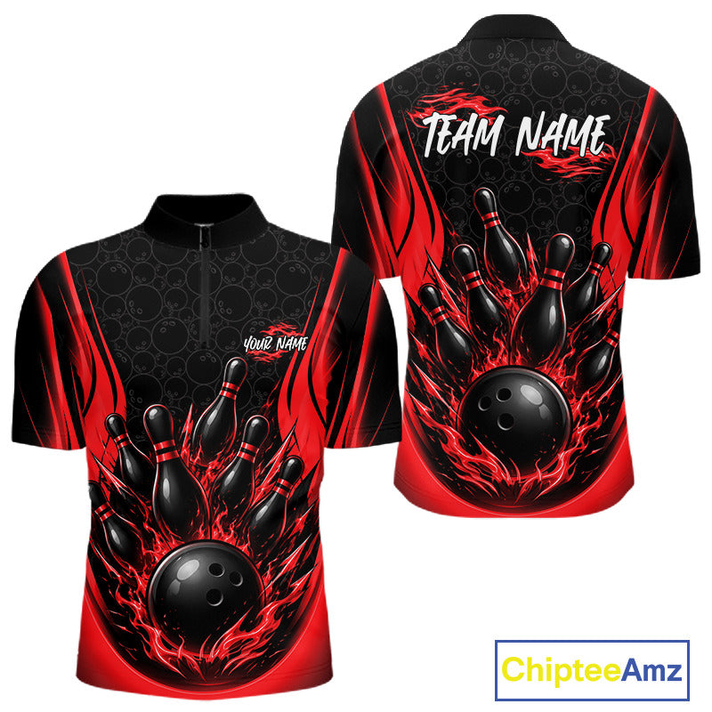 Front and back views of a short-sleeve bowling quarter zip shirt on a white background. The shirt is primarily black with bold red flame-like side panels and a large graphic of black bowling pins and a black bowling ball surrounded by red flames across the lower front and back.