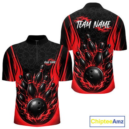 Front and back views of a short-sleeve bowling quarter zip shirt on a white background. The shirt is primarily black with bold red flame-like side panels and a large graphic of black bowling pins and a black bowling ball surrounded by red flames across the lower front and back.
