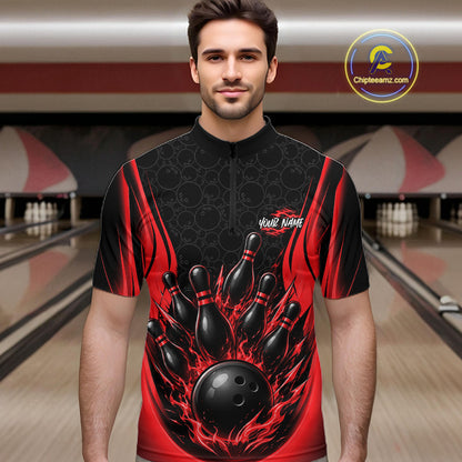 A man wearing a short-sleeve black and red bowling-themed quarter-zip shirt with a graphic of bowling pins and a bowling ball, set against a bowling alley background.