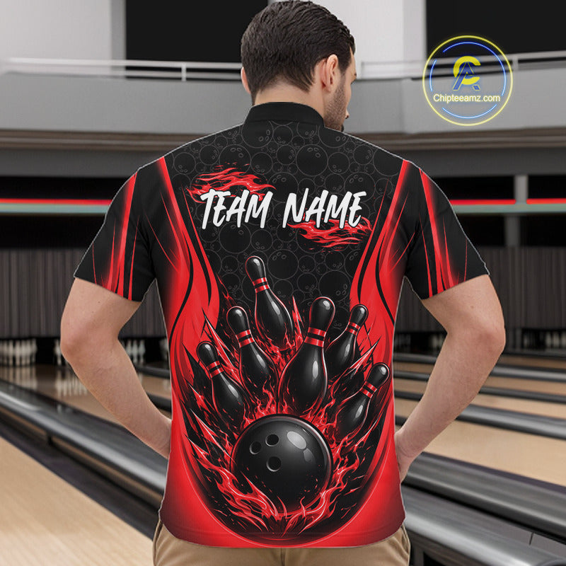 A man viewed from behind wearing a custom bowling-themed short-sleeve shirt with a red and black flame design, black bowling pins, and a black bowling ball graphic on the back. The shirt features 'TEAM NAME' text in white.