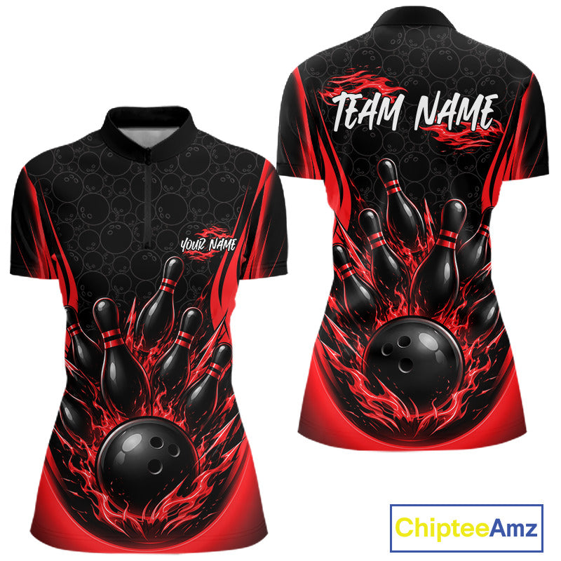 Front and back views of a women's short-sleeve quarter zip bowling shirt on a white background. The shirt features a black and red flame design surrounding a graphic of bowling pins and a bowling ball, with customizable text placeholders 'TEAM NAME' and 'YOUR NAME'.