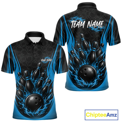 Custom bowling-themed short-sleeve polo shirt shown from both front and back views. The shirt features a black and blue flame-like graphic with bowling pins and balls, customizable text on the front chest and bac