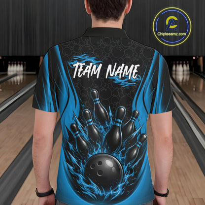 A man viewed from behind wearing a custom bowling-themed short-sleeve polo shirt. The shirt features a black and blue flame design with bowling pins and a bowling ball graphic, and the text 'TEAM NAME' printed on the back.