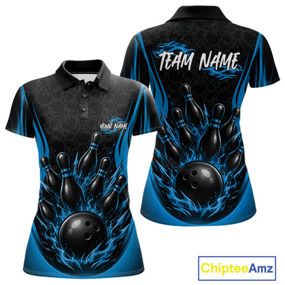 Custom bowling-themed short-sleeve polo shirt shown from the front and back. The design features a black and blue flame pattern with bowling pins and balls, customizable text on the chest and back