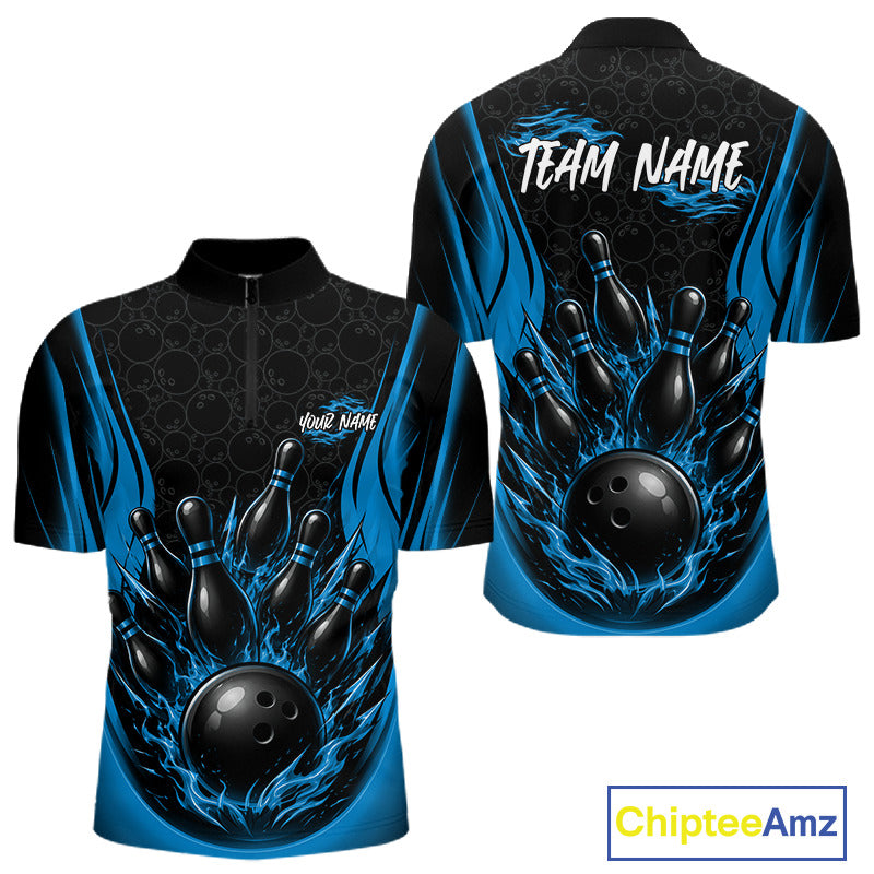 Front and back views of a short-sleeve bowling custom quarter zip jersey. The design features a black and blue flame pattern with a graphic of bowling pins and a bowling ball, with customizable text 'TEAM NAME' on the back and 'Your Name' on the front.
