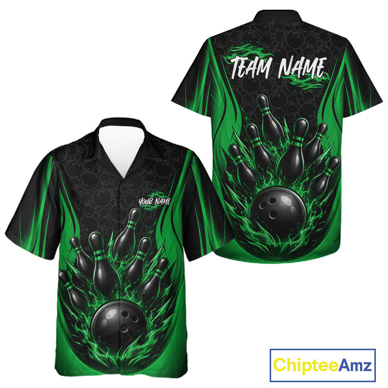 Custom bowling-themed short-sleeve button-up shirt shown from the front and back. The design features a black and green flame pattern with a graphic of bowling pins and a bowling ball