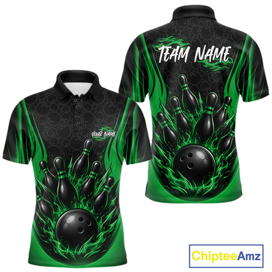 Custom Black And Green Fire Flame Bowling Jerseys, Bowling Men Polo Shirts IPHW11688