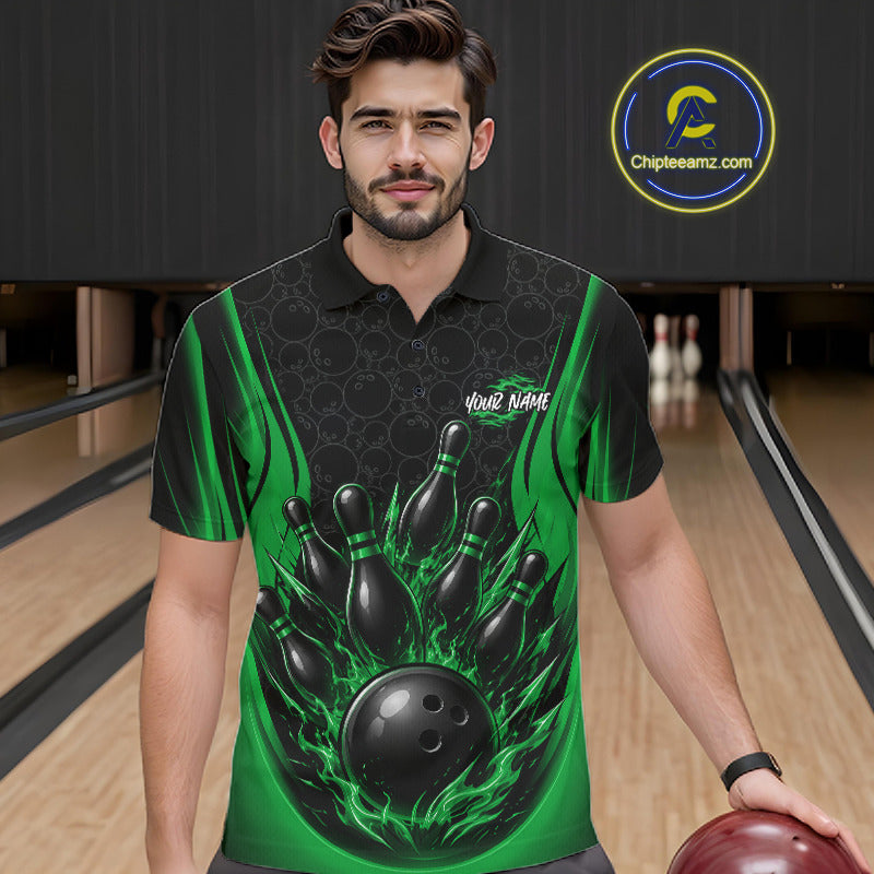 A man wearing a custom bowling-themed short-sleeve polo shirt with a green and black flame design surrounding bowling pins and a bowling ball graphic. 