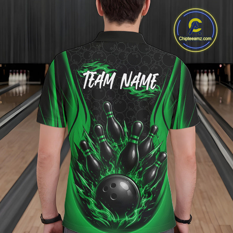 A man viewed from behind wearing a custom bowling-themed short-sleeve polo shirt with a black and green flame design, bowling pins, and a bowling ball graphic, with 'TEAM NAME' printed on the back. 
