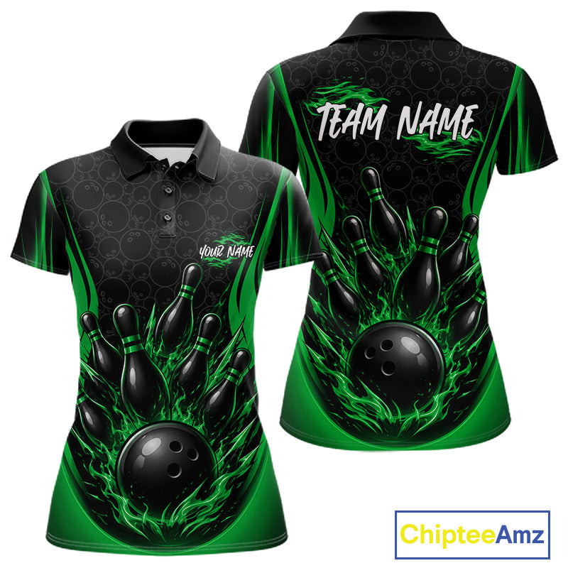 Custom bowling-themed short-sleeve polo shirt shown from the front and back. The design features a black and dark gray patterned upper body with bright green flame-like accents, a large black bowling ball graphic, and bowling pins.