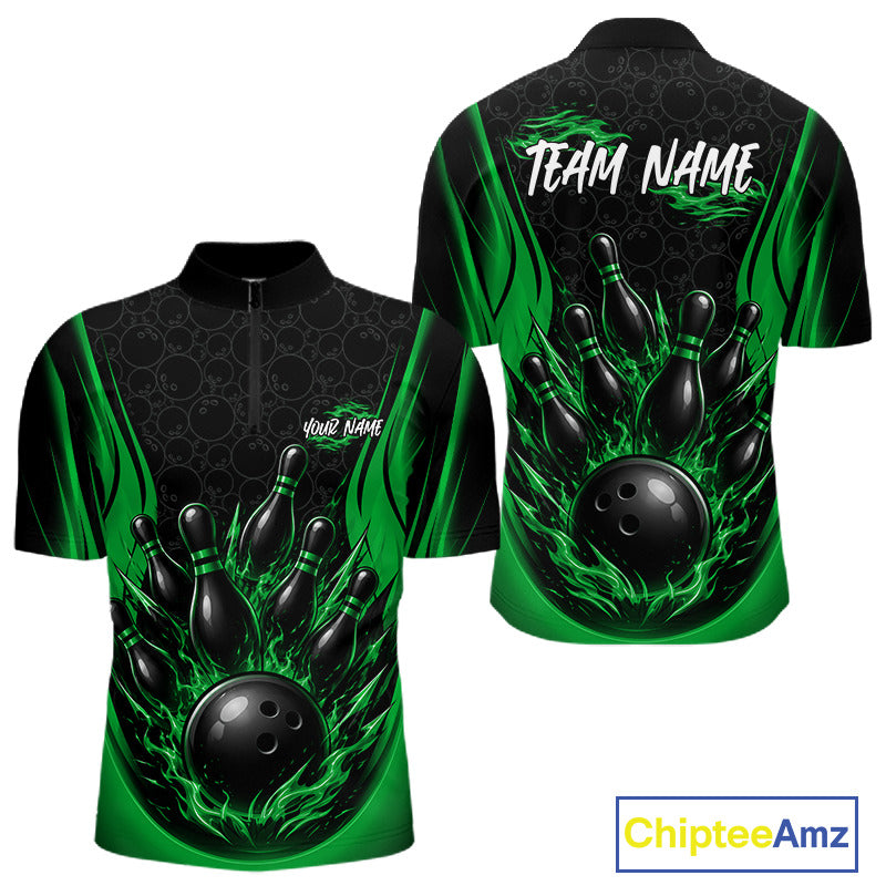 Front and back views of a short-sleeve bowling quarter zip jersey on a white background. The jersey has a black and green flame design with bowling pins and a bowling ball graphic, customizable text reading 'TEAM NAME' on the back and 'Your Name' on the front, and a ChipteeAmz logo in the bottom right corner.