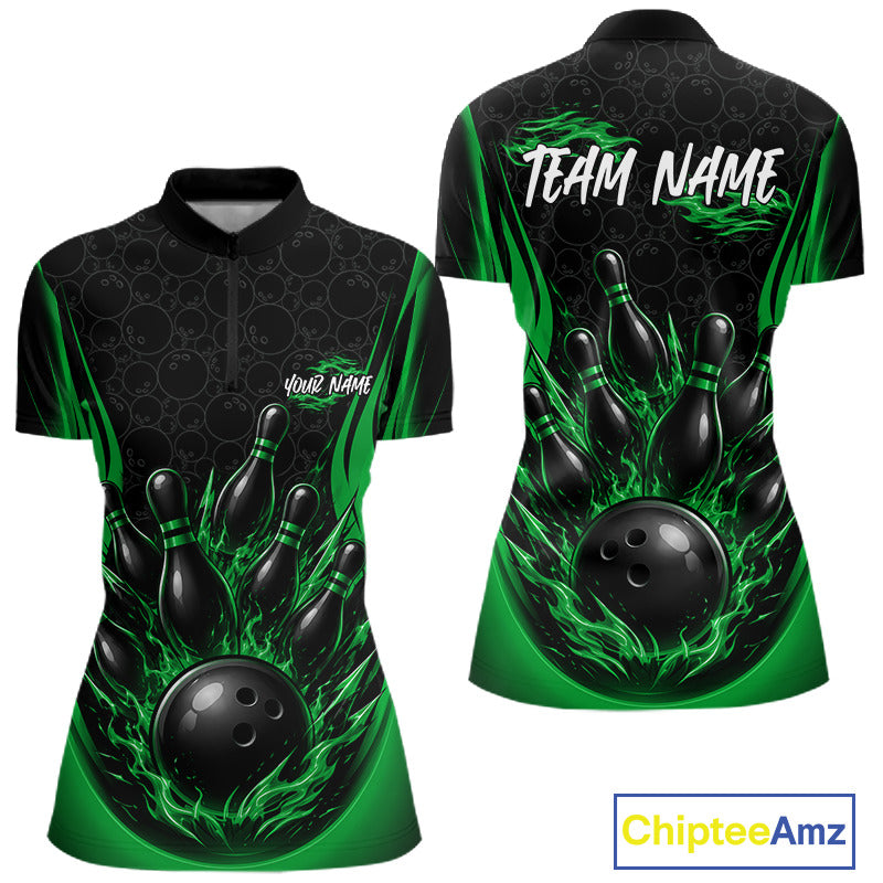 Front and back views of a short-sleeve bowling-themed quarter zip shirt on a white background. The shirt is black with bright green flame-like graphics, bowling pins, and a black bowling ball.