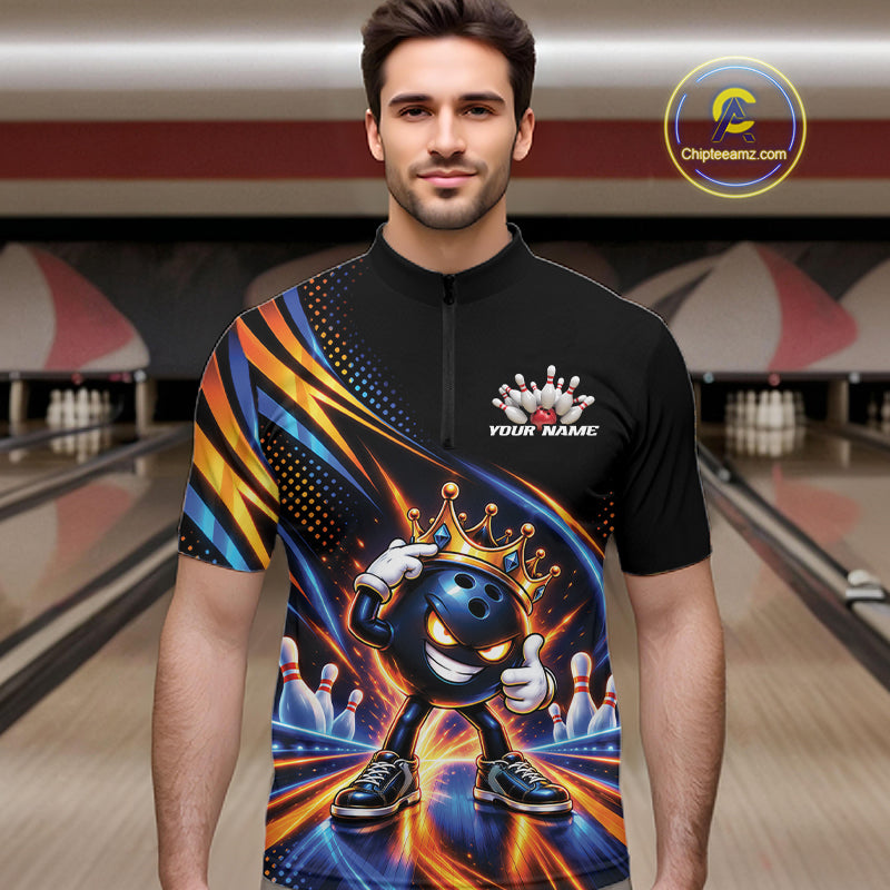 Funny Crown Bowling Ball Custom Bowling King Men Quarter Zip Shirt, Bowling League Shirt IPHW12318