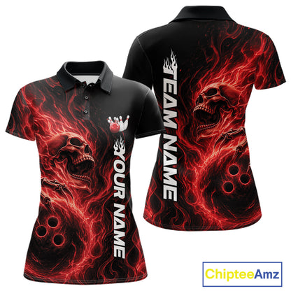 Front and back view of a black womens bowling polo shirt featuring a skull clutching a bowling ball engulfed in swirling red energy flames