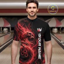 Load image into Gallery viewer, Custom Red Flame Skull Bowling Men Quarter-Zip Shirts, Gothic Halloween Team Bowling Outfit IPHW11387
