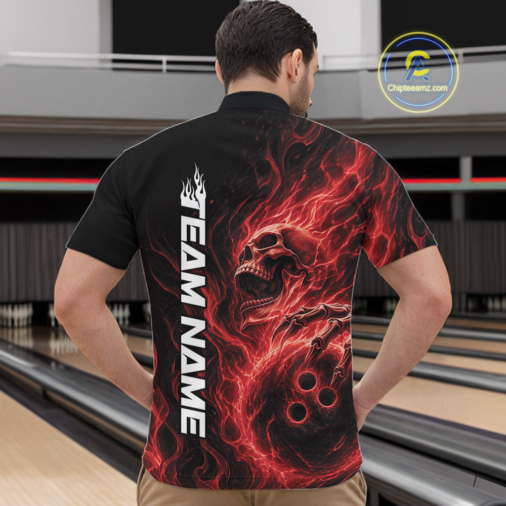 Male model wearing a black bowling quarter-zip shirt in a bowling alley with a skull holding a bowling ball amid swirling red energy flames