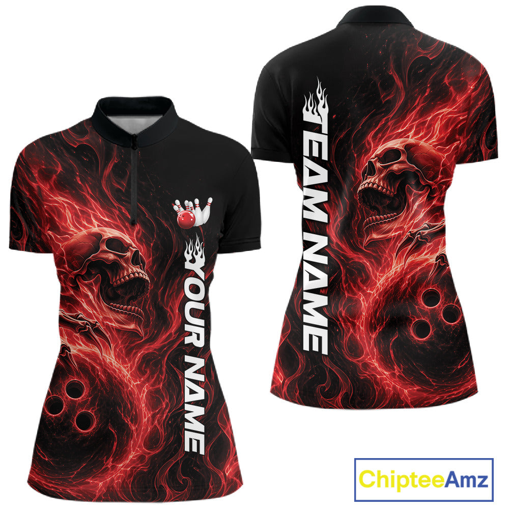 Front and back view of a black womens bowling quarter-zip shirt featuring a skull clutching a bowling ball surrounded by swirling red energy flames