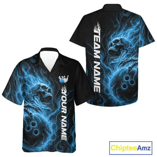 Front and back view of a black button-up bowling shirt featuring a skull clutching a bowling ball surrounded by swirling blue energy flames