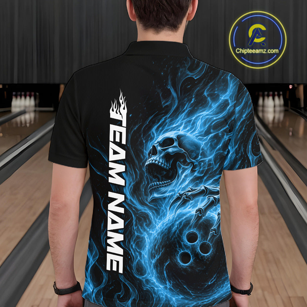 Back view of a male model wearing a black bowling polo shirt in a bowling alley featuring a skull clutching a bowling ball with swirling blue energy flames