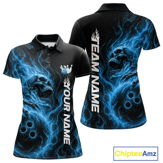 Front and back view of a women's bowling polo shirt mockup featuring a blue flaming skull holding a bowling ball surrounded by swirling energy on a black shirt