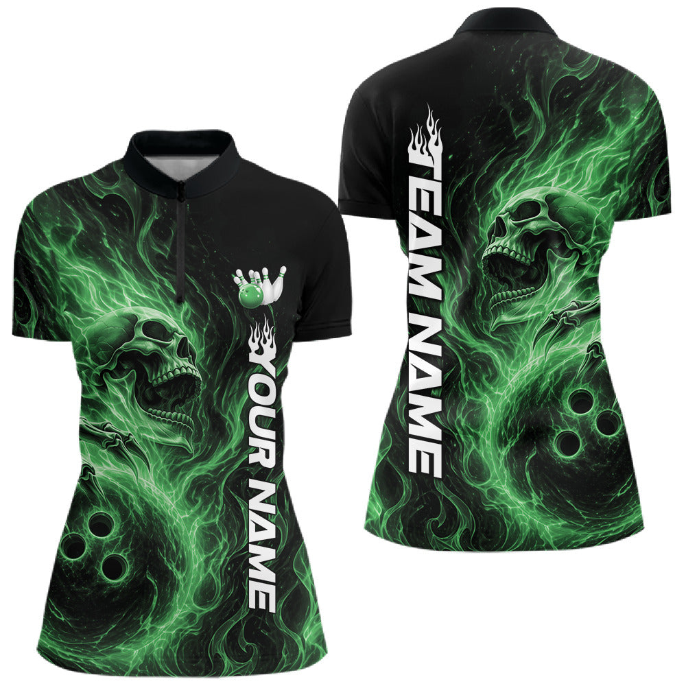 Front and back view of a women's bowling quarter-zip shirt mockup showcasing a green energy-flame skull clutching a bowling ball on a black shirt