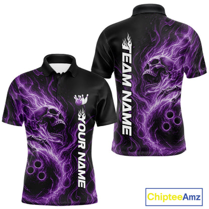 Front and back view of a black men's bowling polo shirt featuring a skull clutching a bowling ball surrounded by swirling purple energy flames