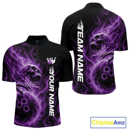 Front and back view of a black mens bowling quarter-zip shirt featuring a skull clutching a bowling ball surrounded by swirling purple energy flames