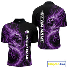 Load image into Gallery viewer, Custom Purple Flame Skull Bowling Men Quarter-Zip Shirts, Gothic Halloween Team Bowling Outfit IPHW11390