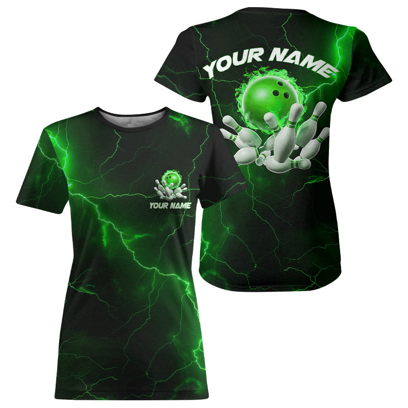 Green Thunder Lightning Flame Bowling Ball Custom Bowling Team T-Shirts For Women IPHW6717