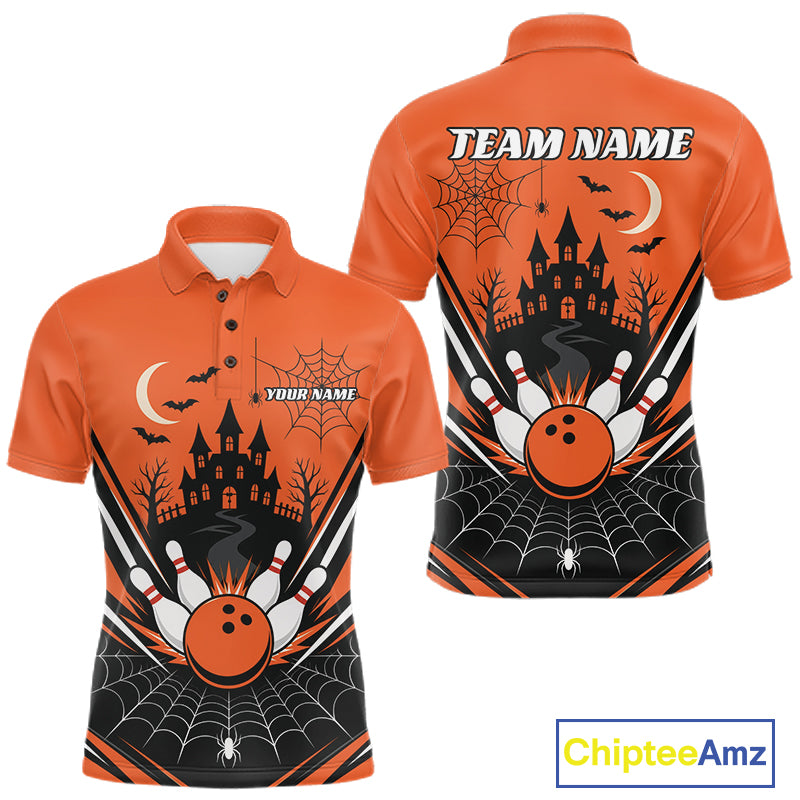 Custom Orange Halloween Theme Haunted Castle And Spiderwebs Bowling Men Polo Shirt IPHW11986