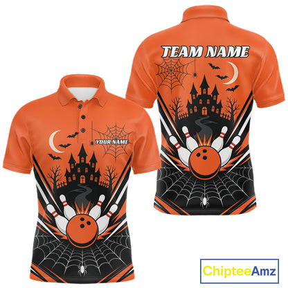 Custom Orange Halloween Theme Haunted Castle And Spiderwebs Bowling Men Polo Shirt IPHW11986